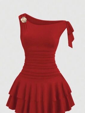 Red One-Shoulder Tiered Skater Dress - Women